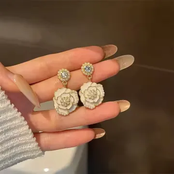 Classic White Camellia Flower Pearl Earrings
